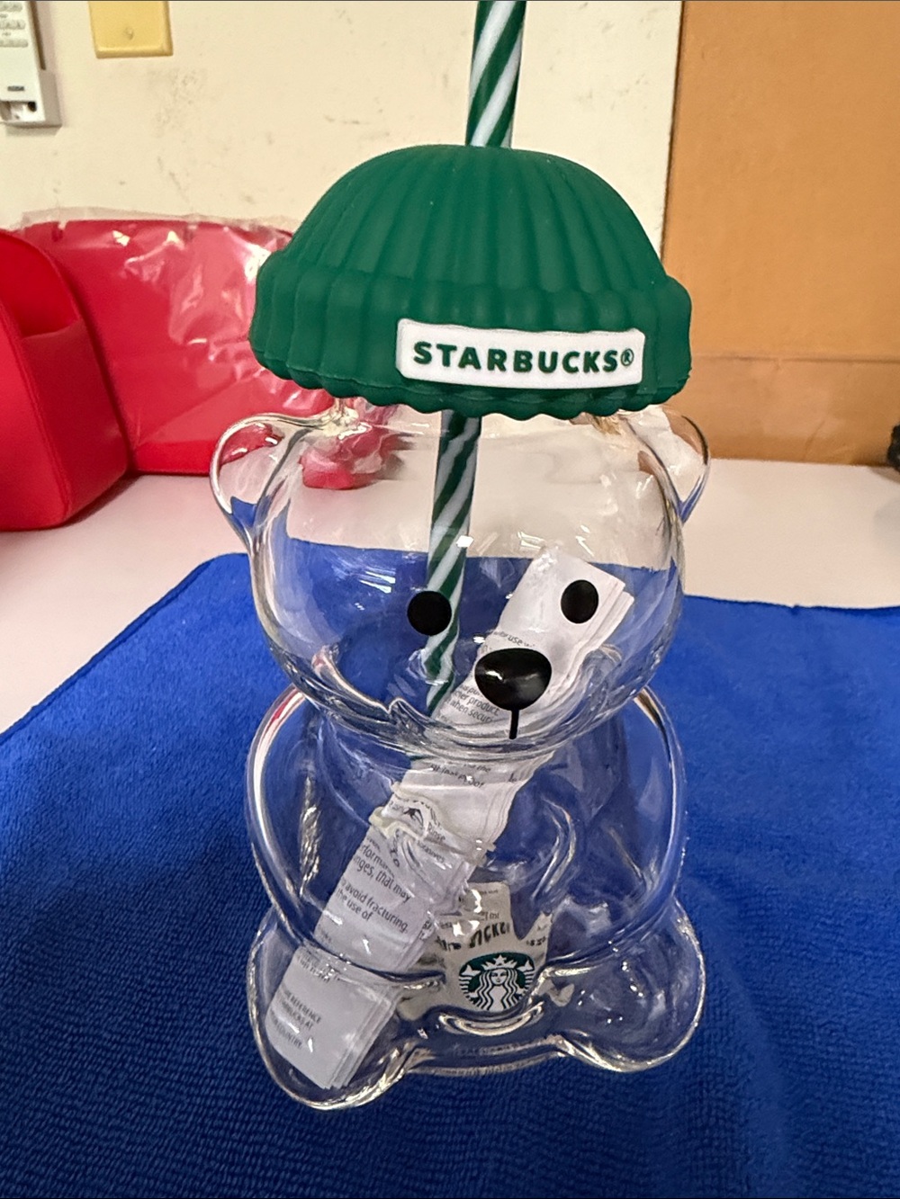 Starbucks Clear Bear Tumbler with Green Ribbed Lid and Striped Straw